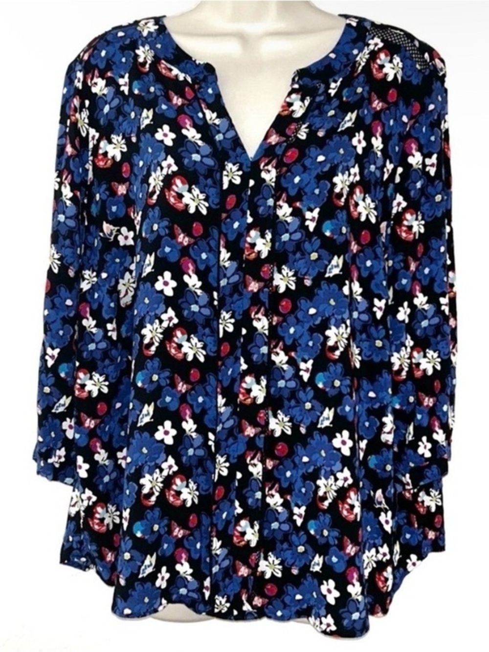 Talbots Black Floral V-Neck Blouse with Blue Accents